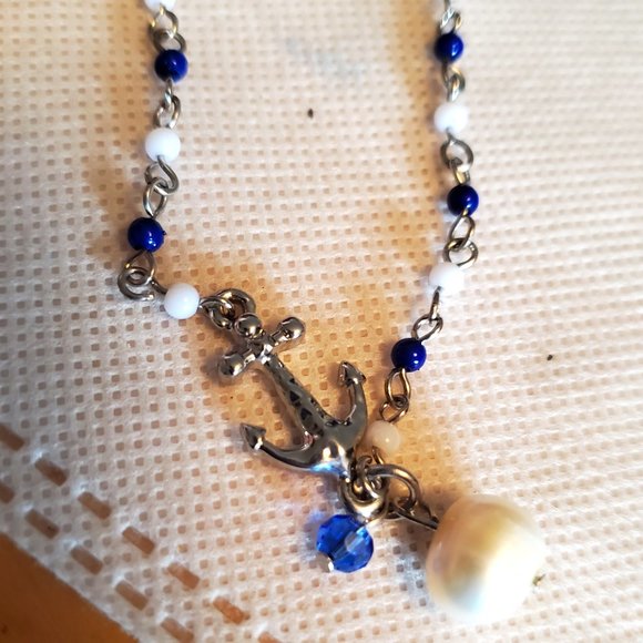 9" Silver Tone Anchor Pearl Anklet Seed Bead Style - Picture 2 of 4